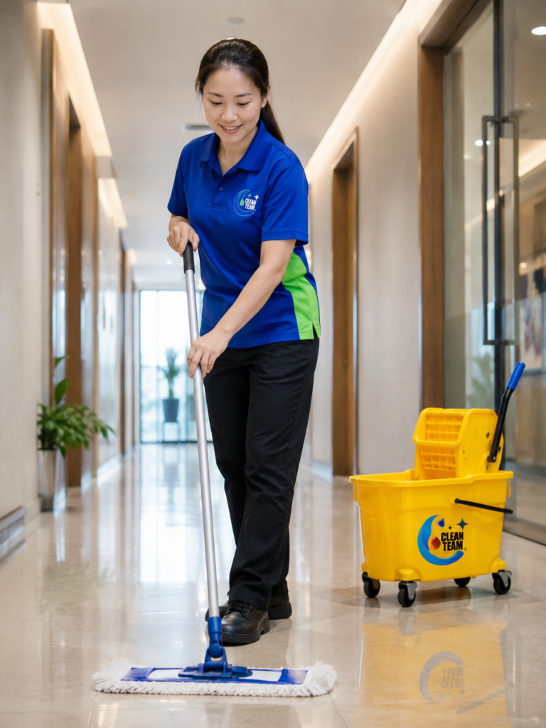 Clean Team professional mopping a hallway